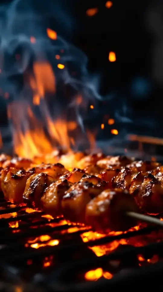 深夜烧烤一口爆汁，肉串在炭火上滋滋作响